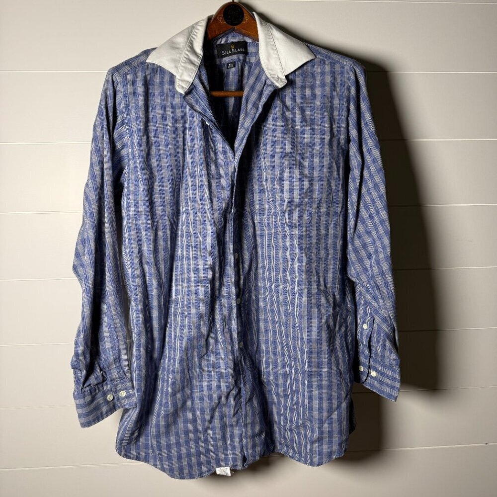 Bill Blass Button Down White Collared Dress Shirt, Blue White Plaid, 16.5x32-33